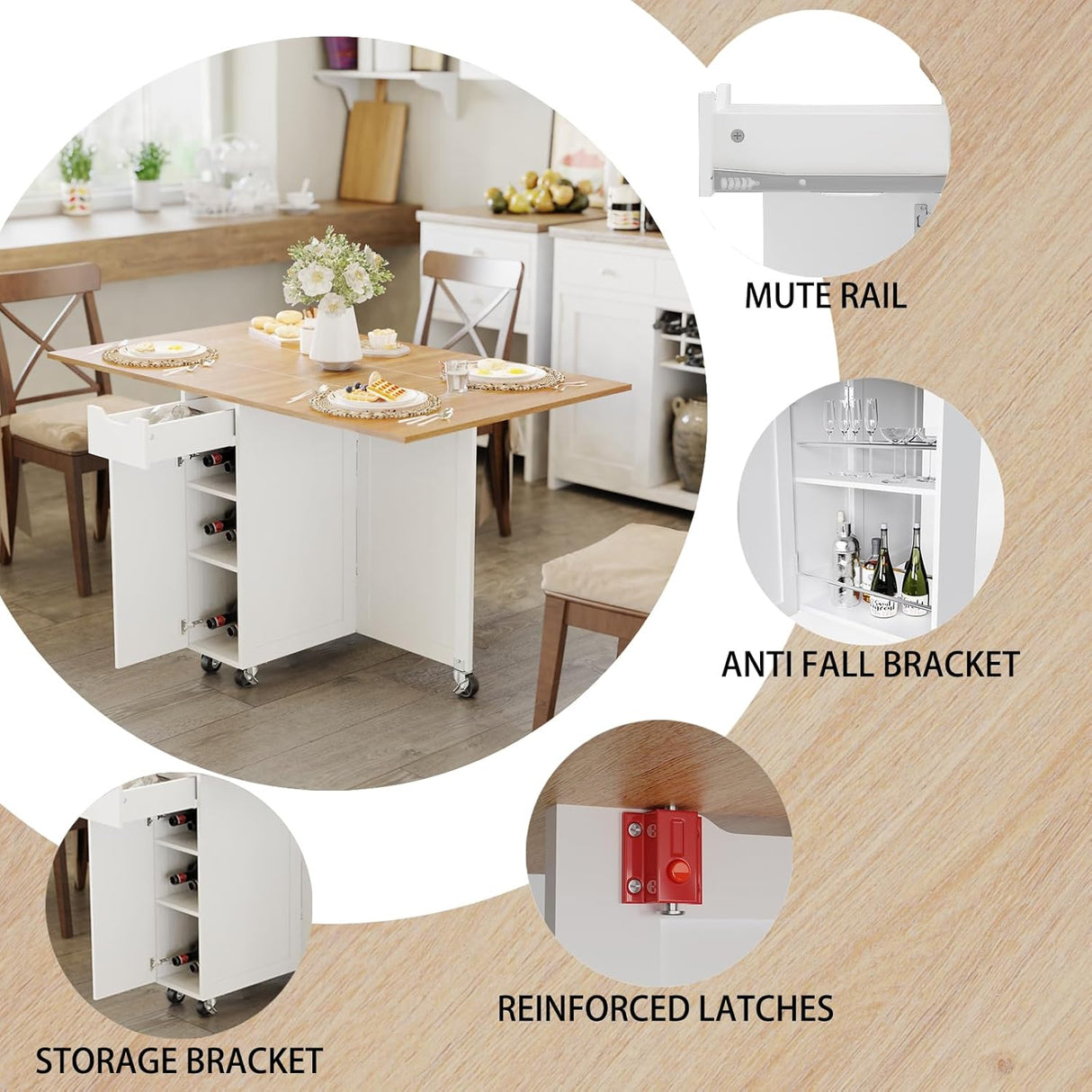 Mesa de Comedor Plegable, con Cajón y Ruedas, Modelo 2023