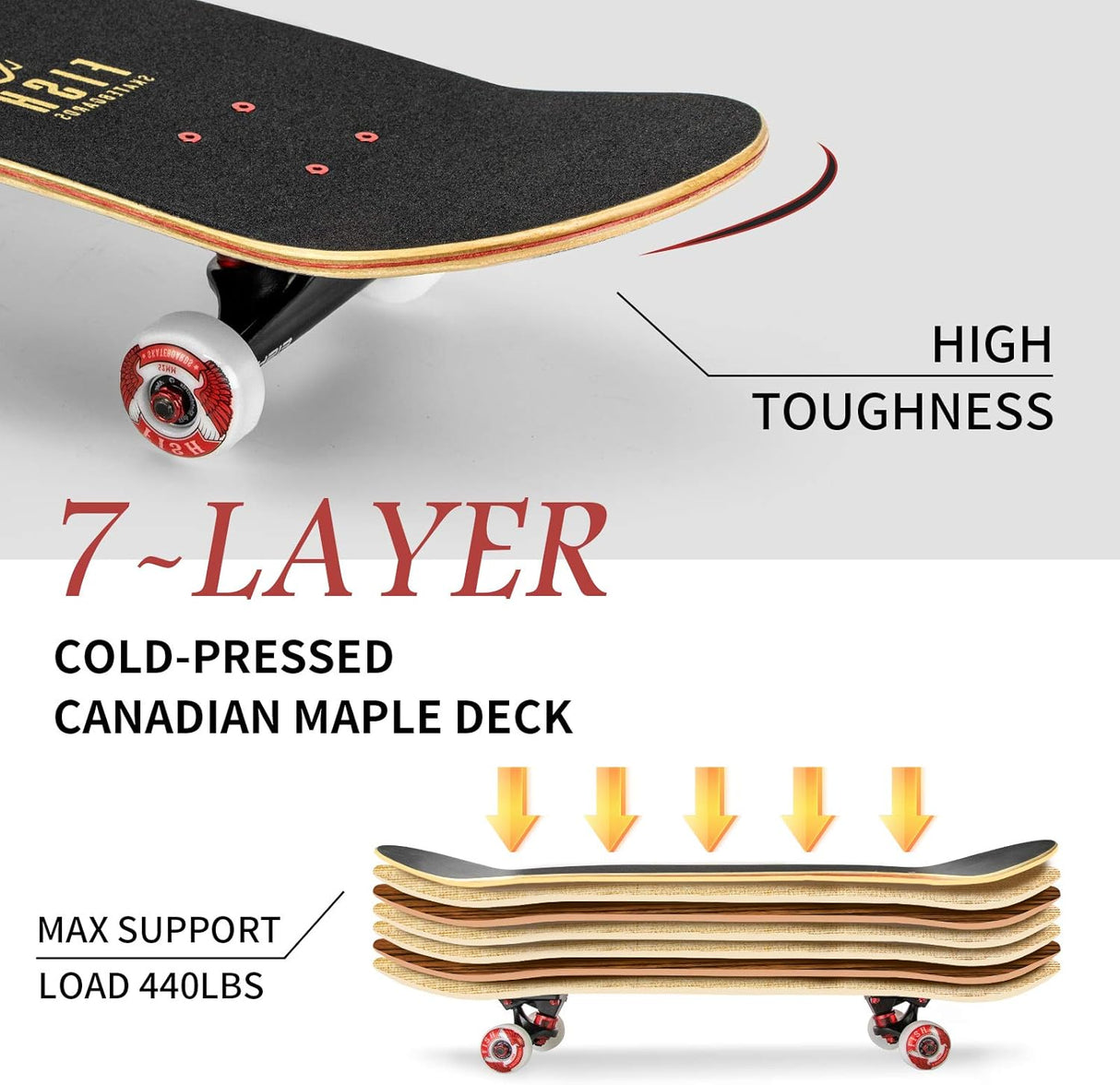 Skateboard Completo 31"x8", Madera de Arce, Doble Kick
