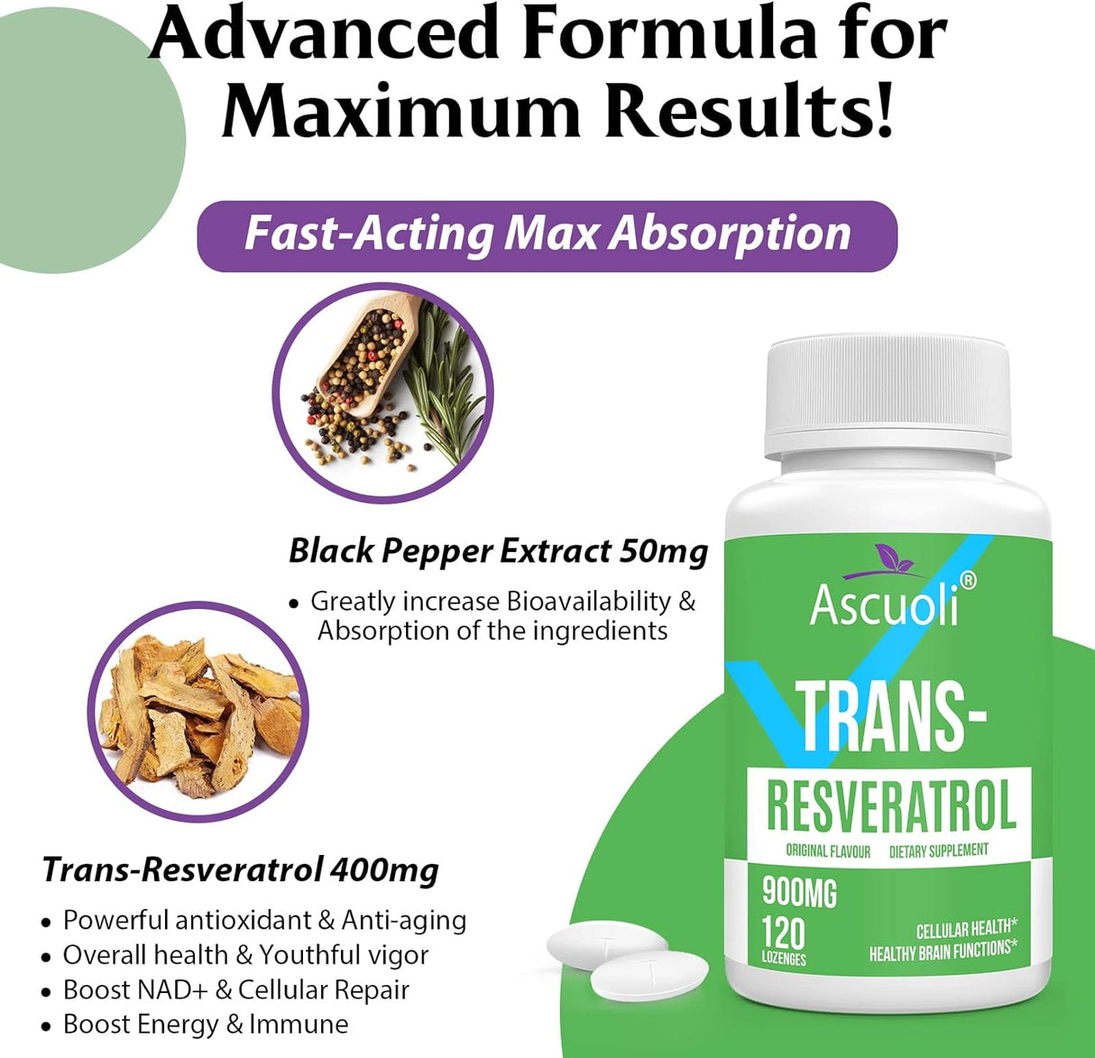 Suplemento Ascuoli Trans-Resveratrol Sublingual Pureza 99%