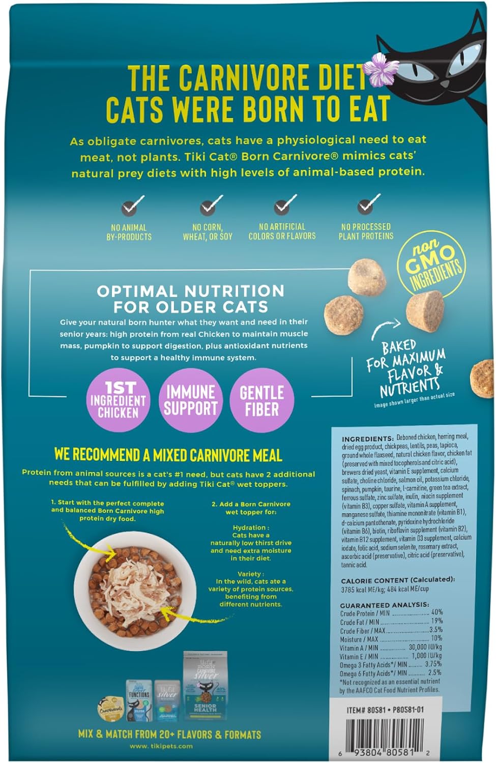 Tiki Cat Born Carnivore Silver, Senior Health, Receta de comida de pollo y arenque, apoyo inmunológico con croquetas horneadas para maximizar los nutrientes, alimento seco para gatos adultos mayores de 11 años, bolsa de 2.8 libras