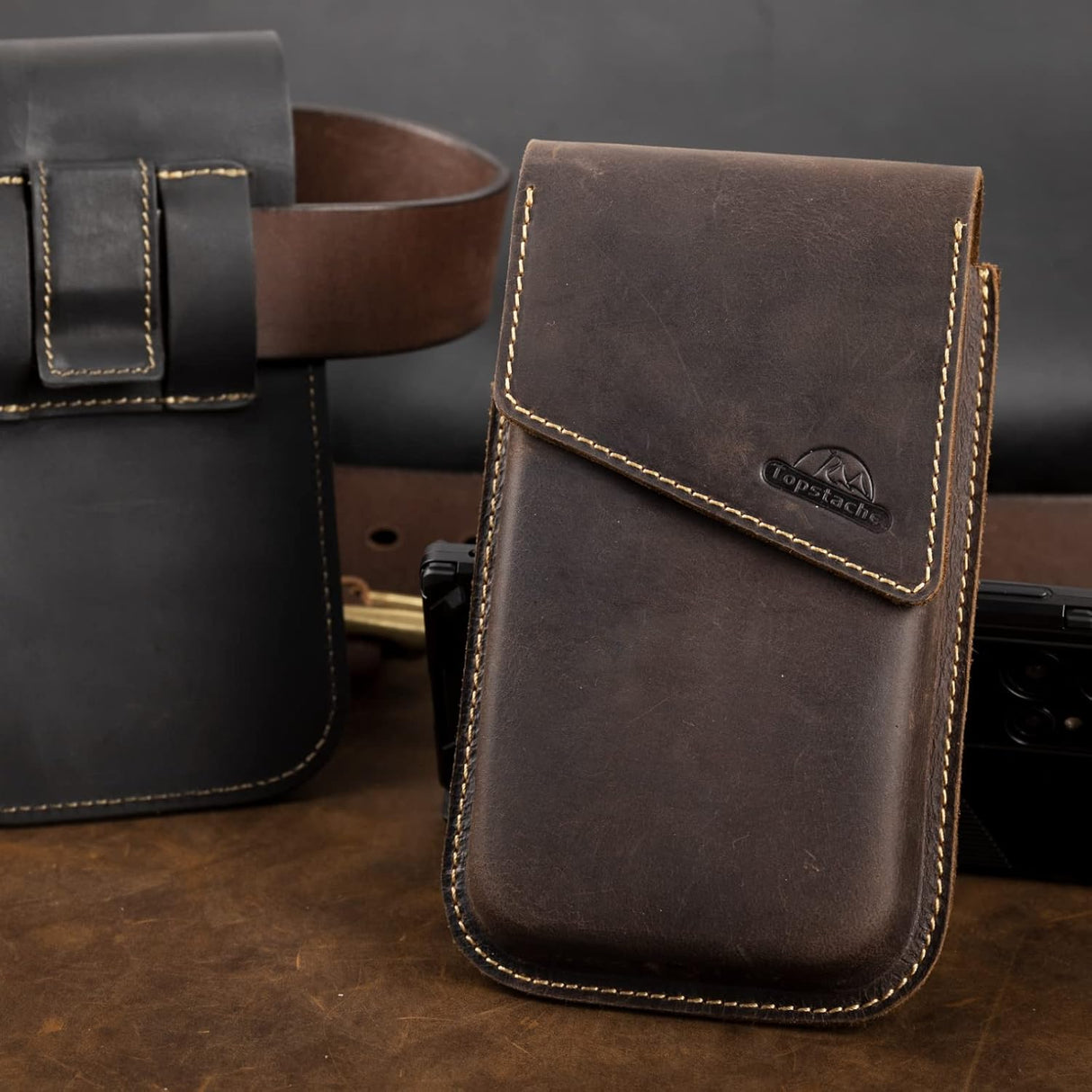 Topstache Funda de cuero para teléfono, Samsung S22 Ultra, funda para iPhone 13 Pro Max para cinturón, bolsa universal para teléfono con clip para cinturón, funda de cuero para Otterbox, fundas abatibles para teléfono celular