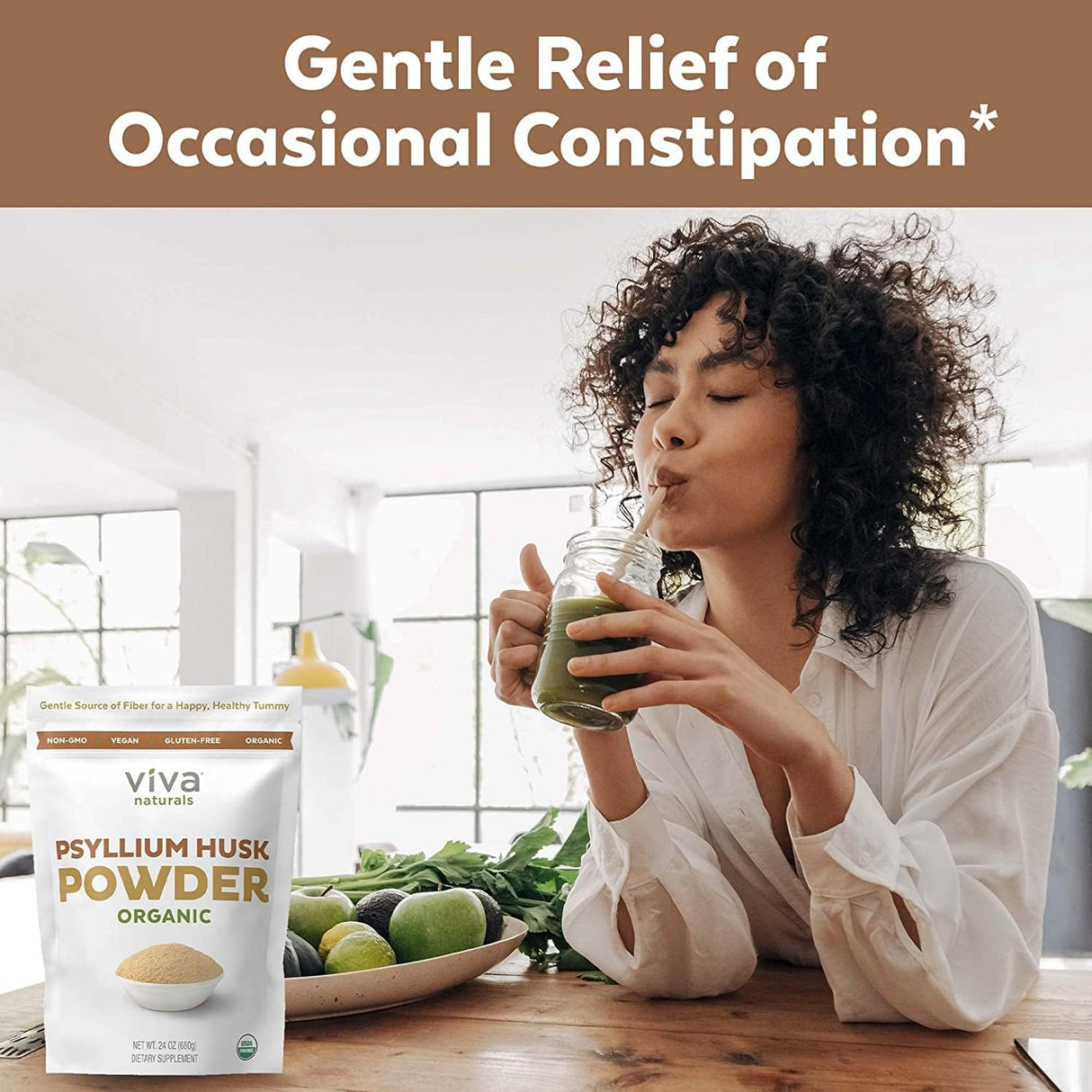 Polvo orgánico de cáscara de psyllium, Viva Naturals 24 onz