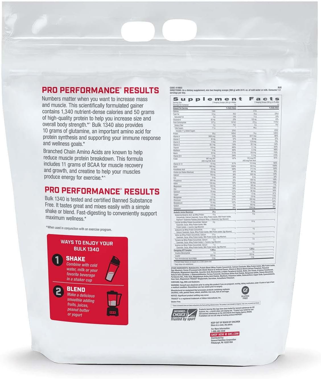 Suplemento GNC Pro Performance Bulk 1340 Energía Muscular