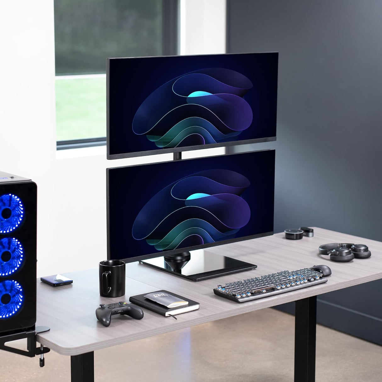 Soporte Doble para Monitores VIVO, Base de Cristal, STAND-V002LG