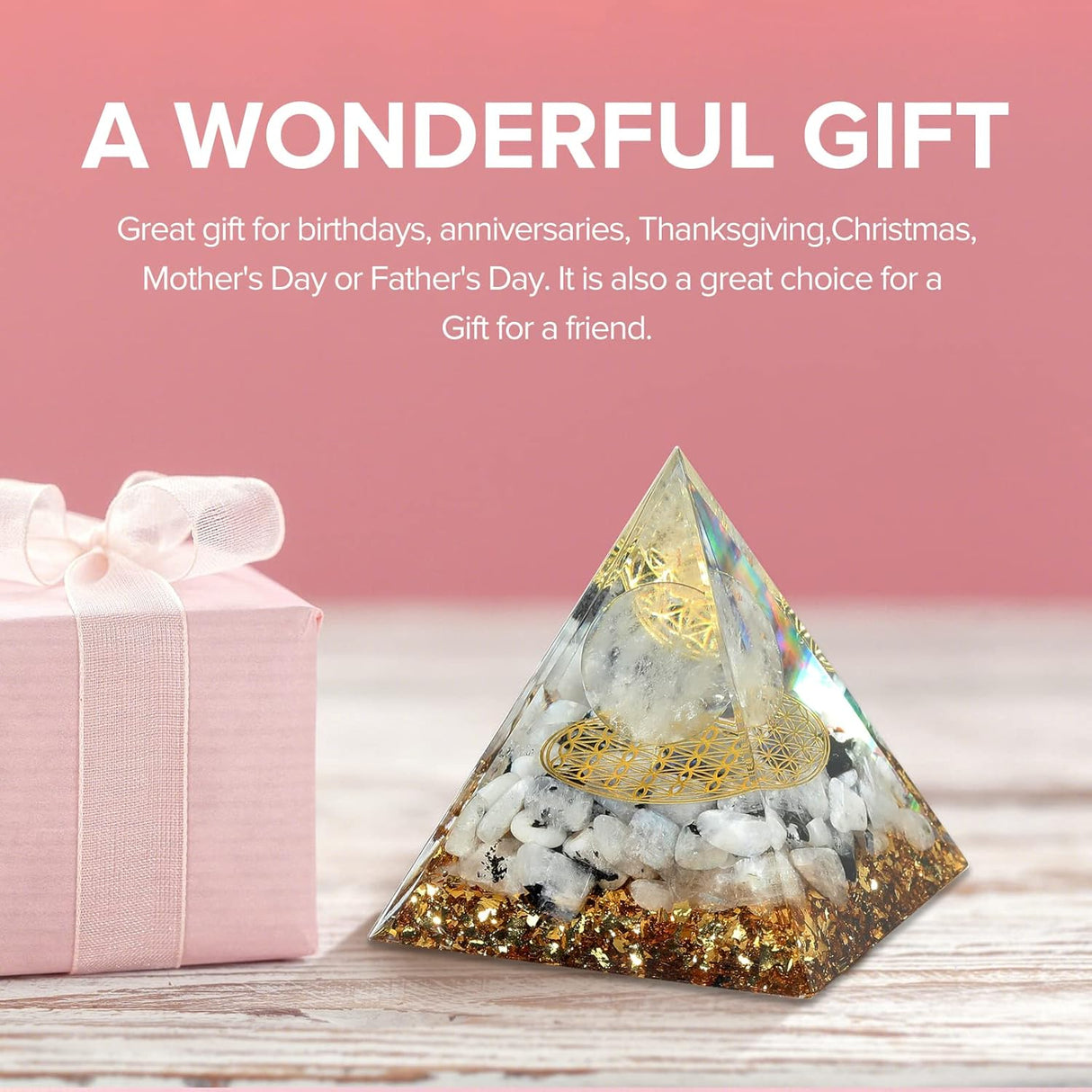 Pirámide de orgón para energía positiva, piedra lunar arcoíris