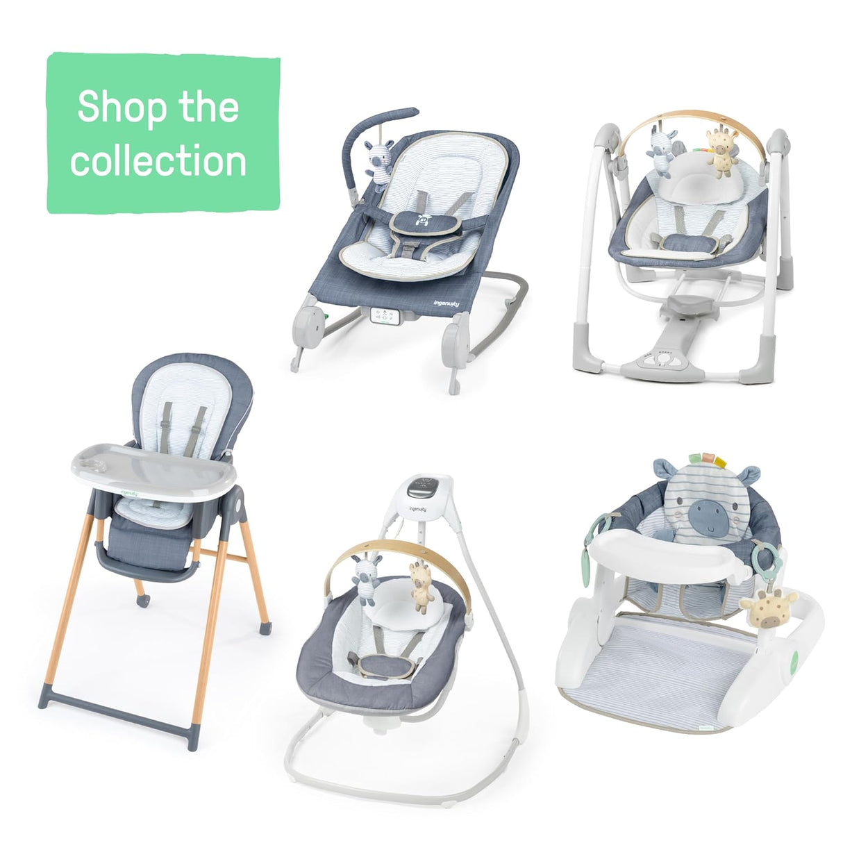 Ingenuity Swing n Go - Columpio portátil, barra de juguete de madera extraíble de origen sostenible, 5 velocidades, para edades de 0 a 9 meses, hasta 20 libras, color cambray