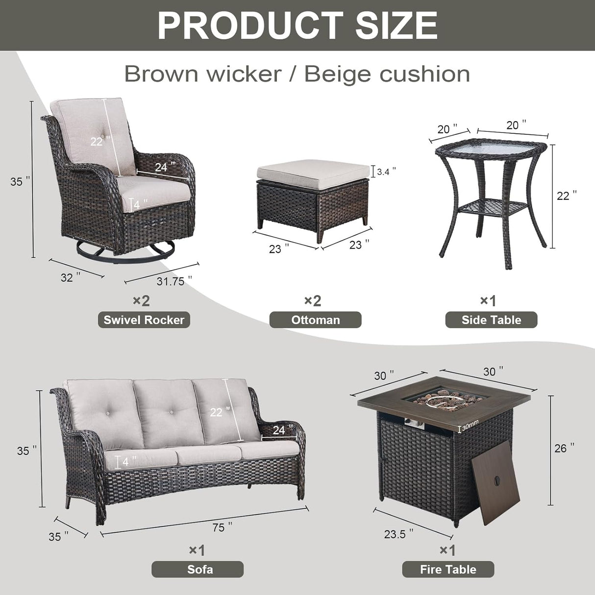 Belord Juego de muebles de patio al aire libre con mesa para fogata de propano, juego de conversación de mimbre de 7 piezas con 2 sillas giratorias mecedoras deslizantes, sofá de ratán, cojín beige,