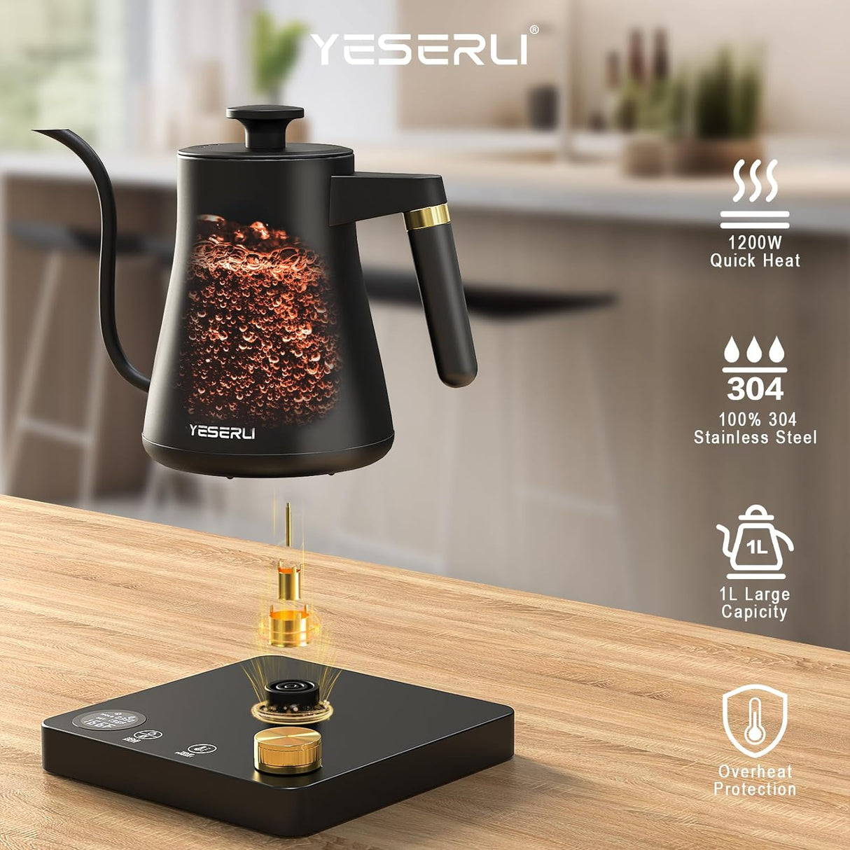 Hervidor Eléctrico Gooseneck 1200W, Control de Temperatura, 1L