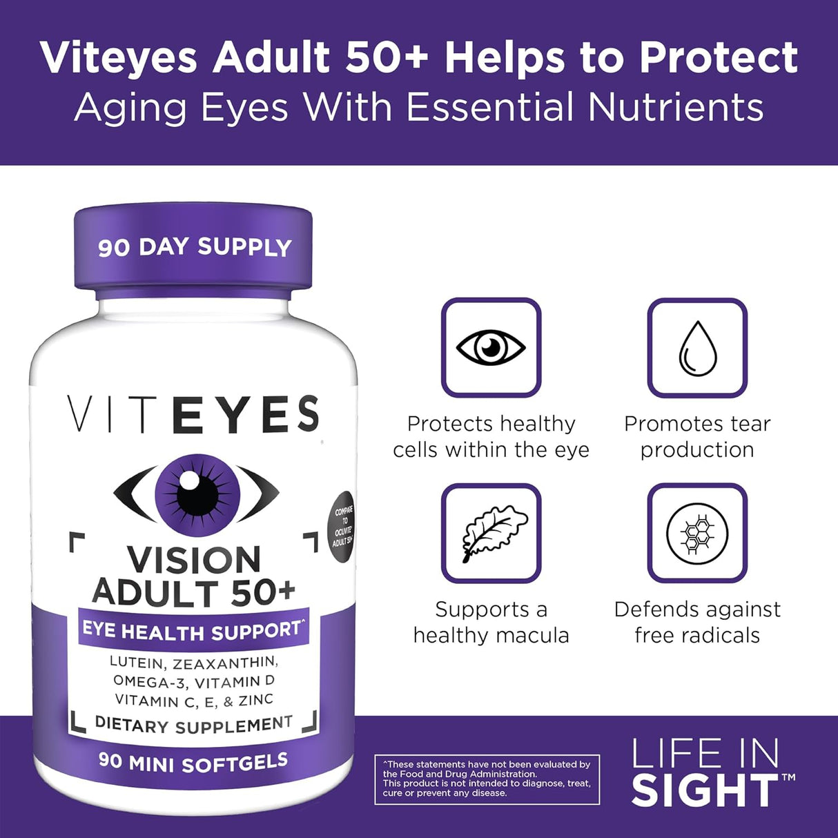 Viteyes Adulto 50+ para la vista, Luteína, Omega-3, 90 Cápsulas