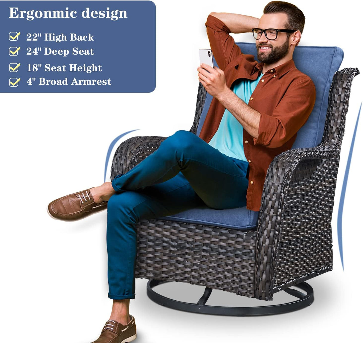 Belord Sofá seccional de muebles de exterior, sofá en forma de L, juego de mimbre para patio con 2 sillas deslizantes giratorias, juegos de conversación de ratán de 10 piezas con cojín azul para terraza, patio trasero, terraza y terraza