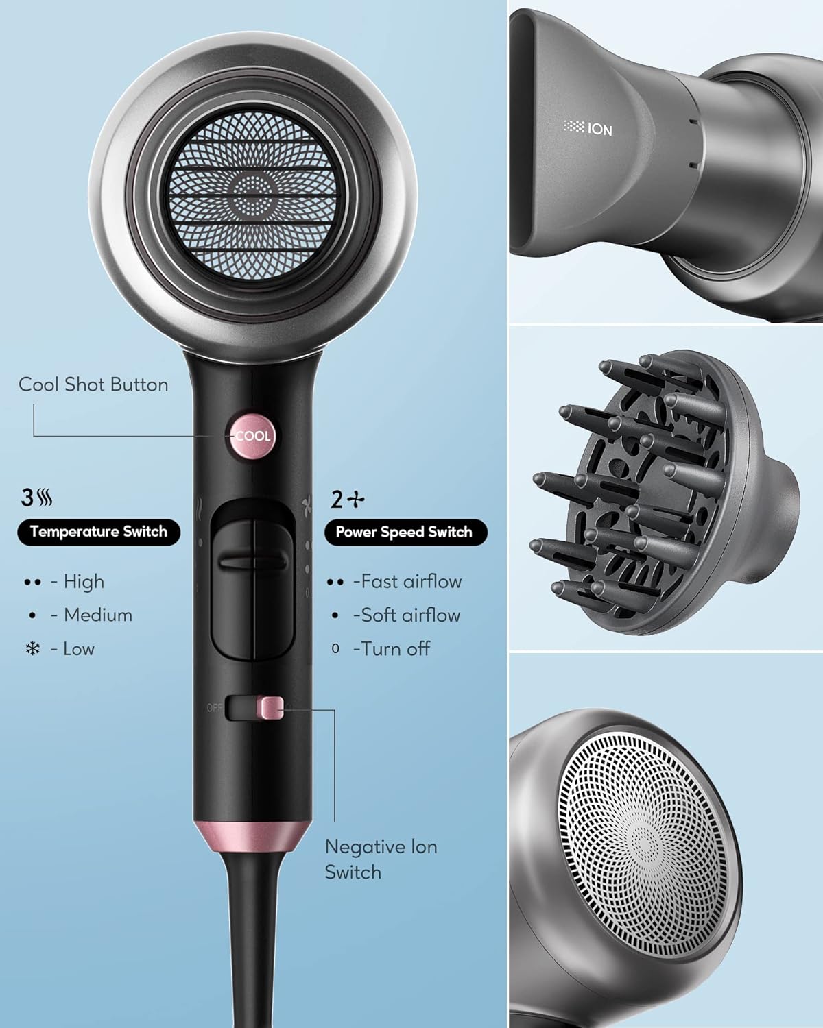 Secador de pelo iónico con difusor para cabello rizado