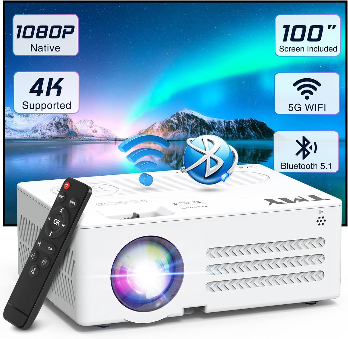 Proyector TMY 1080P WiFi y Bluetooth, Pantalla 100” Incluida