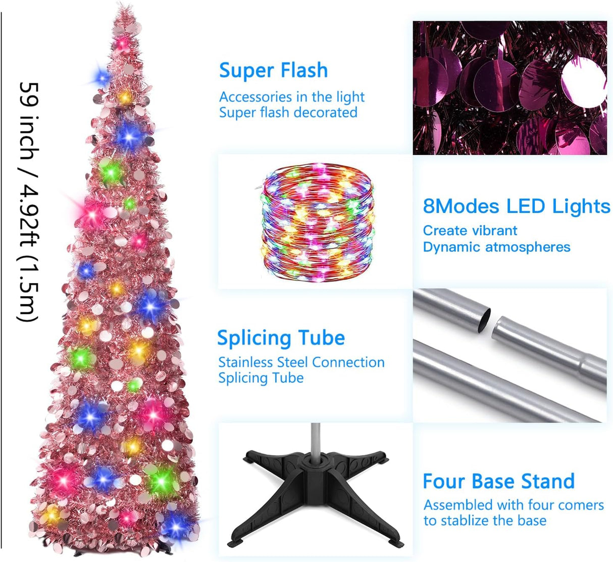 Árbol de Navidad 5ft MACTING con Luces, Fácil Montaje, Tinsel