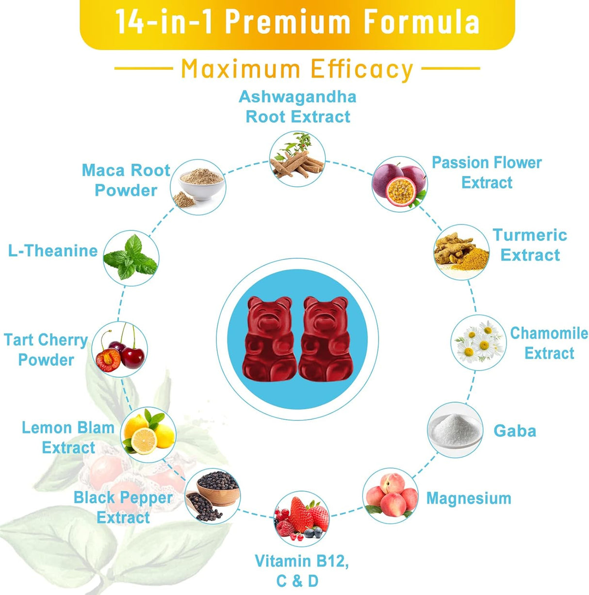 Suplemento Gomitas de Ashwagandha sin azúcar raíz de maca