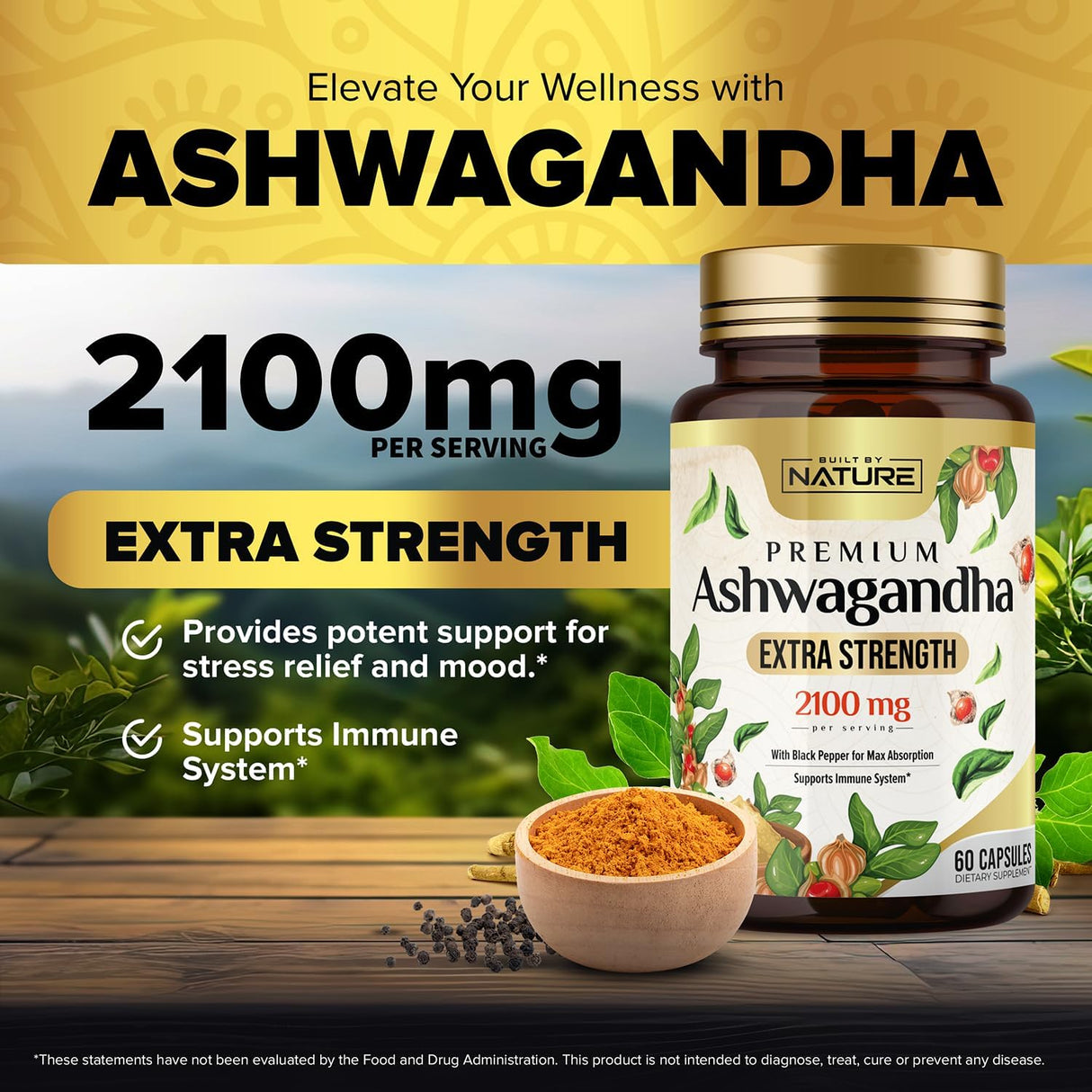 Suplemento de Ashwagandha 2100mg - Built by Nature - 60 cápsulas