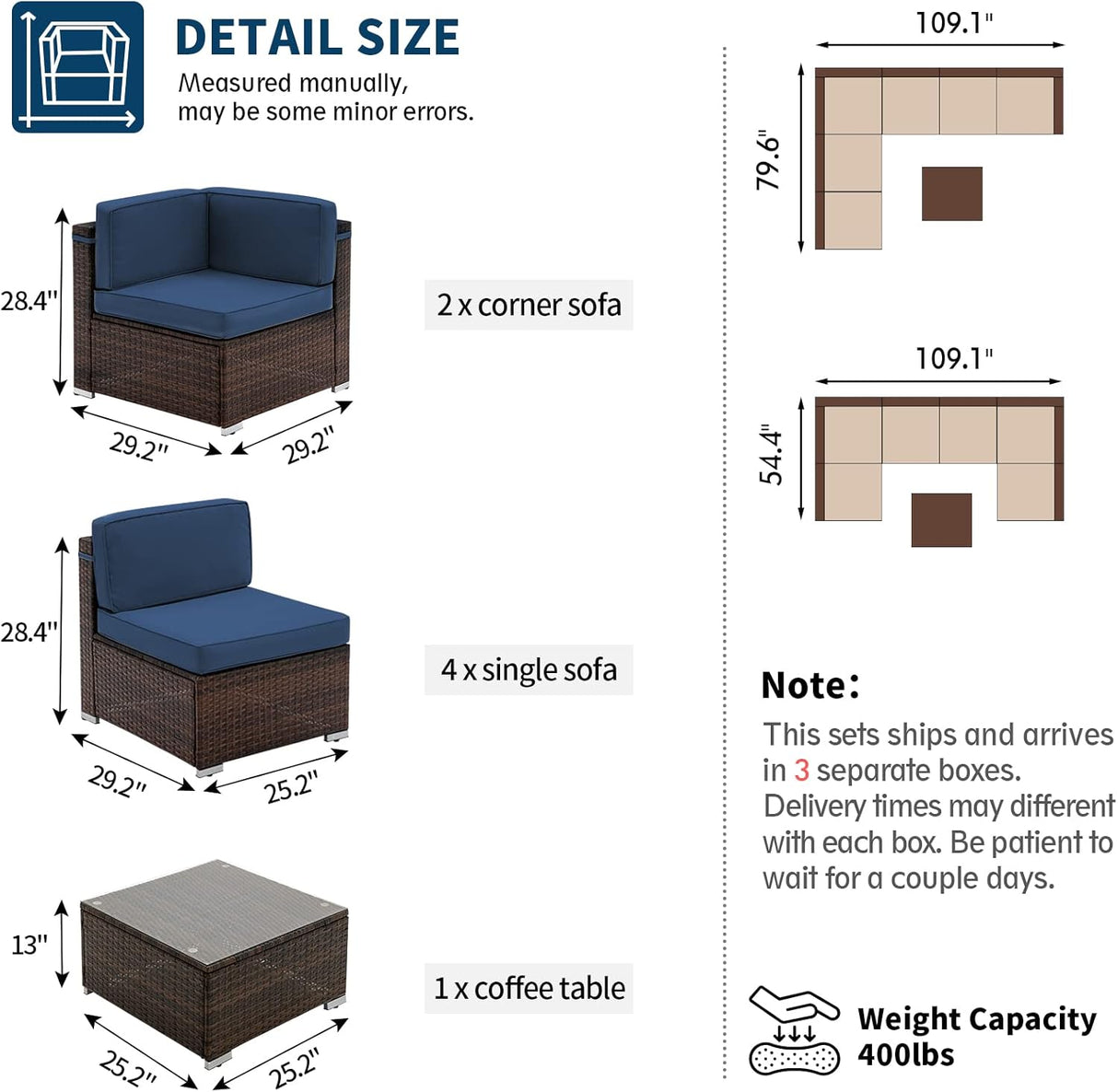 UDPATIO Juego de muebles de patio, muebles modulares de ratán para exteriores, juego de muebles seccionales de mimbre para patio trasero, cubierta, junto a la piscina con mesa de centro de cristal, 7 piezas, azul (incluye funda de sofá)
