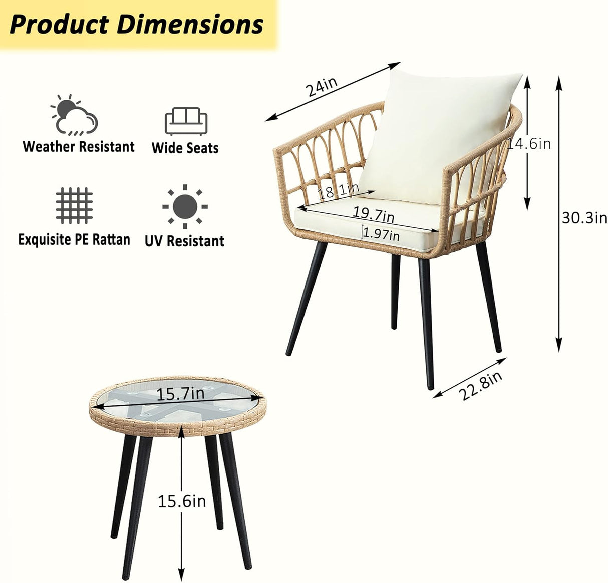 WENHAUS Juego de 3 piezas de muebles de mimbre para patio, juego de muebles de mimbre para todo tipo de clima, juego de conversación con cojines de mesa redonda para jardín, balcón, patio, porche, cubierta, beige