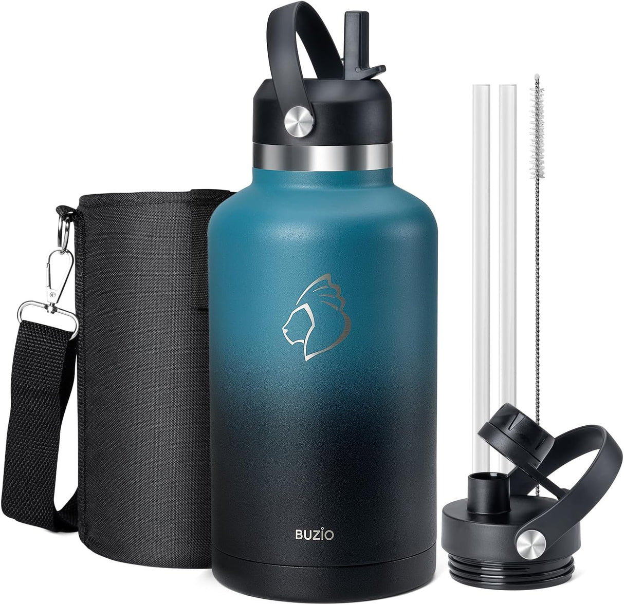 Botella de Agua de 64oz, BUZIO, Aislada, Con Paja y Funda