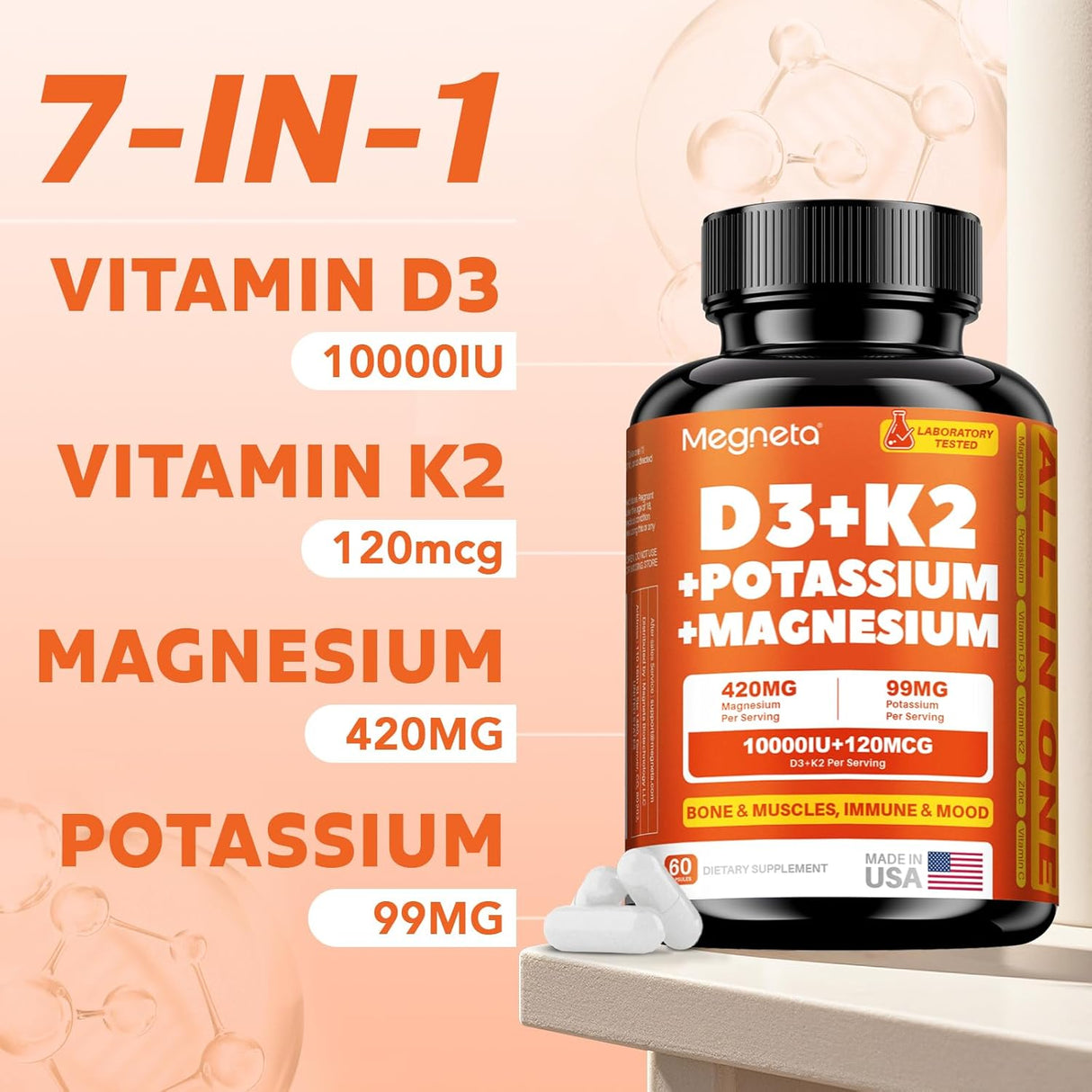 Suplemento de Vitamina D3 K2 10,000 IU con Magnesio y Potasio, 60 cápsulas