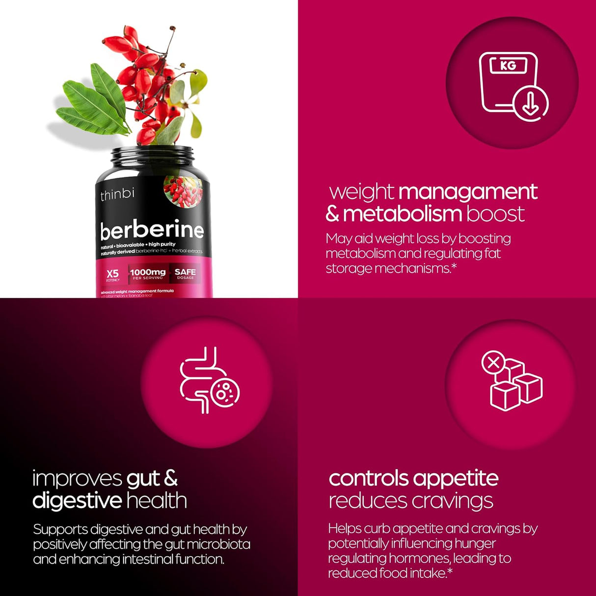 Suplemento de berberina de 1000 mg Potentes cápsulas