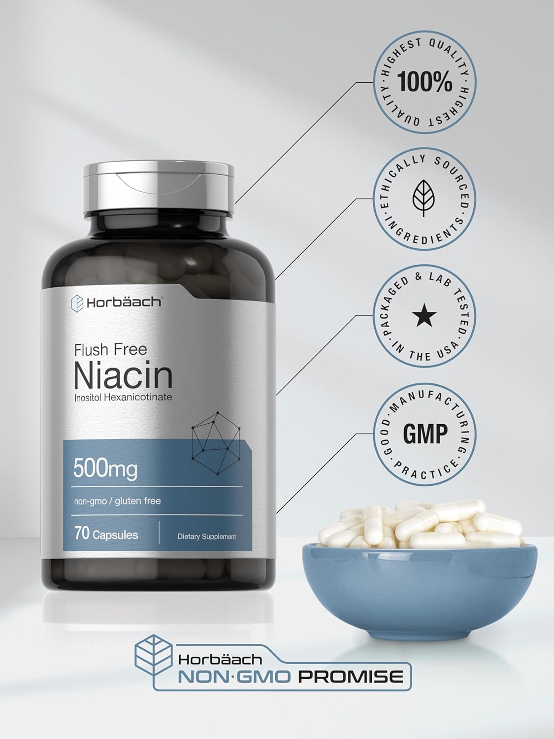 Niacina Horbaach 500 mg 70 Cápsulas Sin Flush Non-GMO