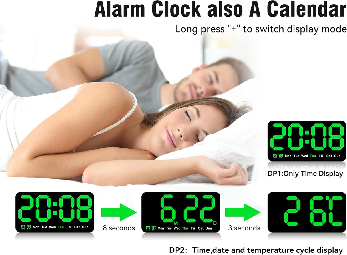 Reloj Digital Grande, 9.5 Pulgadas, Alarma Doble, Brillo Ajustable