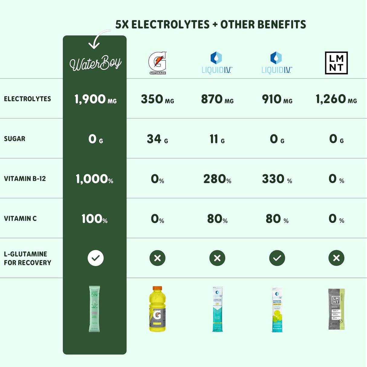 Waterboy Hydratación, polvos electrolitos sin azúcar, 2960mg, variedad
