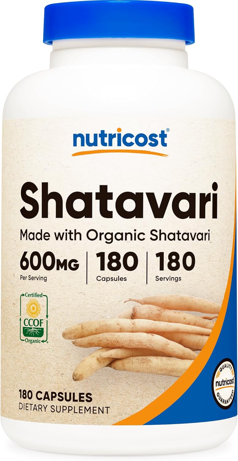Nutricost Shatavari 600 mg, 180 cápsulas, 180 porciones, certificado CCOF fabricado con Shatavari orgánico, sin OMG, sin gluten, apto para vegetarianos
