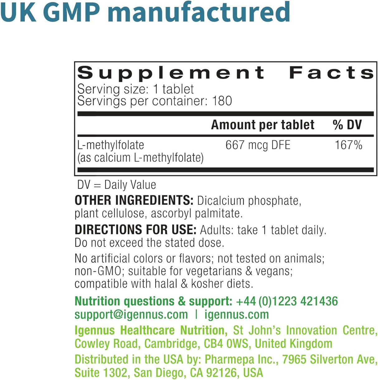 Suplemento Folato puro de 400 mcg, metilfolato optimizado