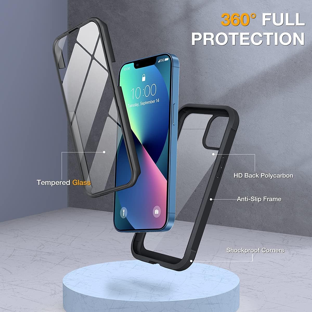 Miracase Funda compatible con iPhone 13 de 6.1 pulgadas, actualizada 2021, carcasa transparente de vidrio de cuerpo completo con protector de pantalla integrado de vidrio templado 9H para iPhone 13, color negro