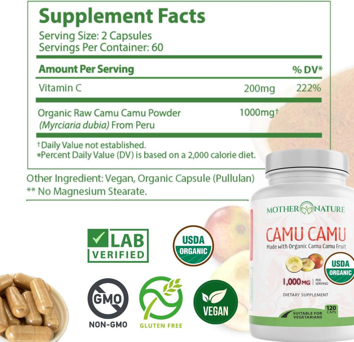 Camu Camu Vitamina C Orgánica 1000mg Vegan 120 Caps