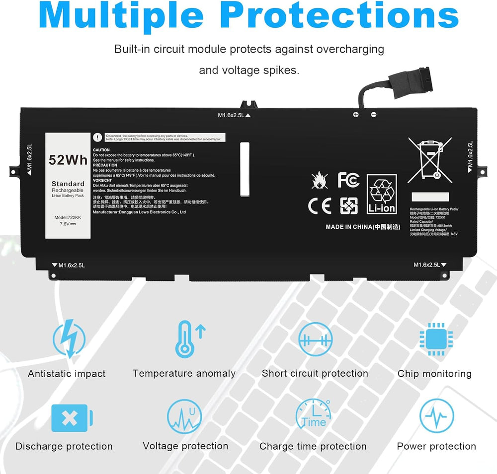 Batería 52Wh 722KK FP86V para Laptop XPS 13 9300/9310/9380