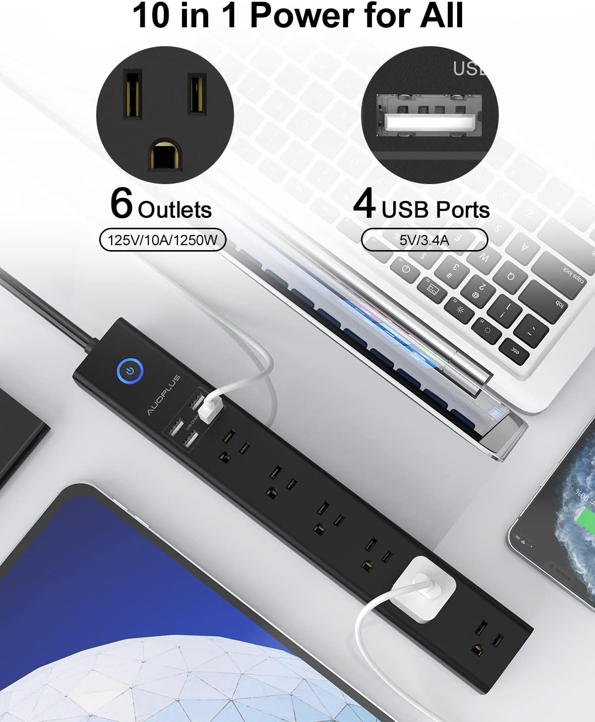 AUOPLUS - Regleta protectora de sobretensiones con USB, tira