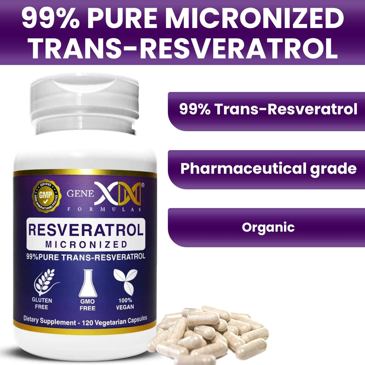 Suplemento GENEX Trans Resveratrol 1000mg que sirve 99%