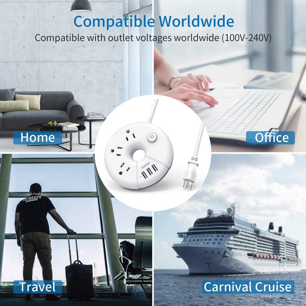 NTONPOWER - Tira de alimentación de viaje, 3 tomas, blanco