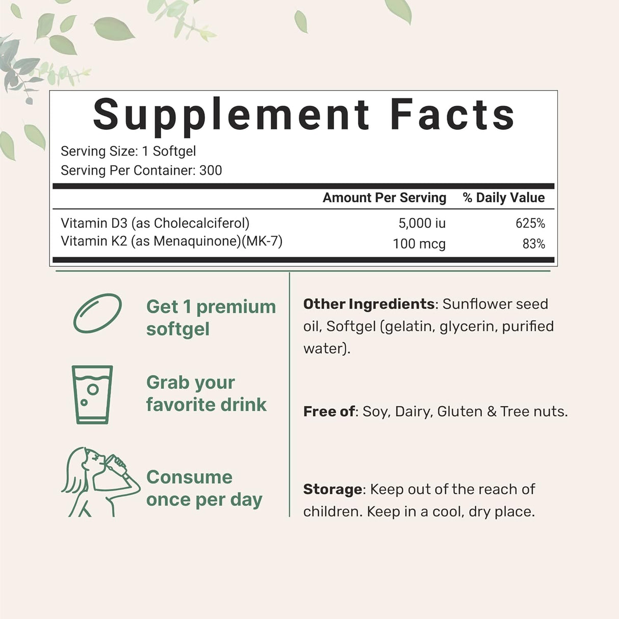 Suplementos Vitamina D3 5000IU Plus K2 300 capsula