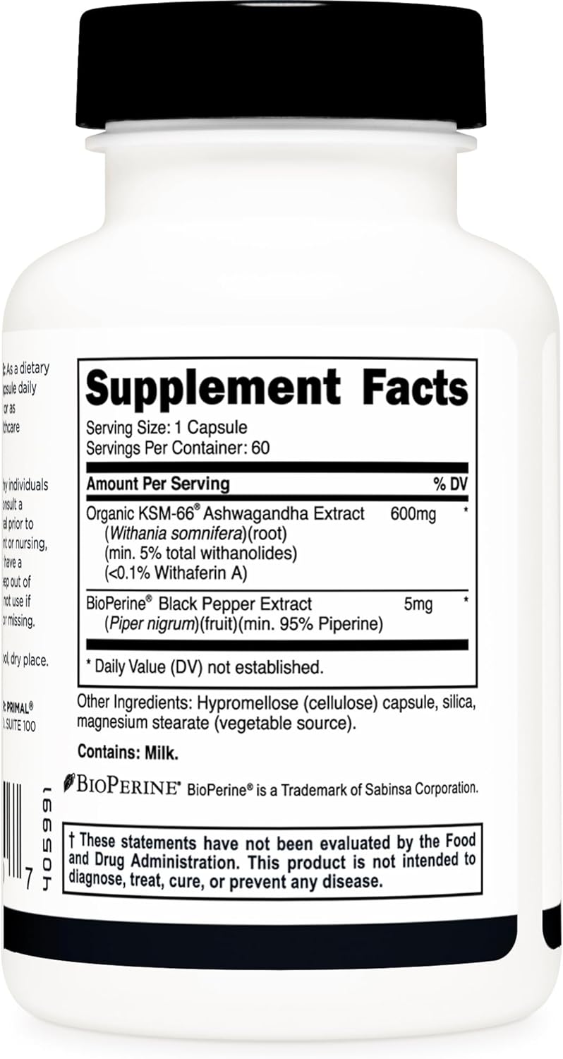 Cápsulas de Ashwagandha KSM-66 Primal | 600 mg | 60 Servings