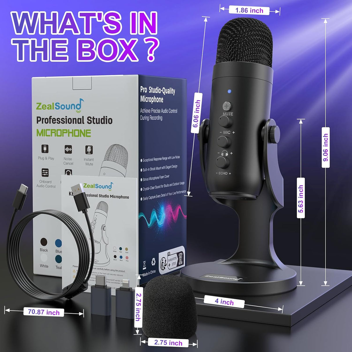 Micrófono USB ZealSound, condensador, control de volumen y ganancia