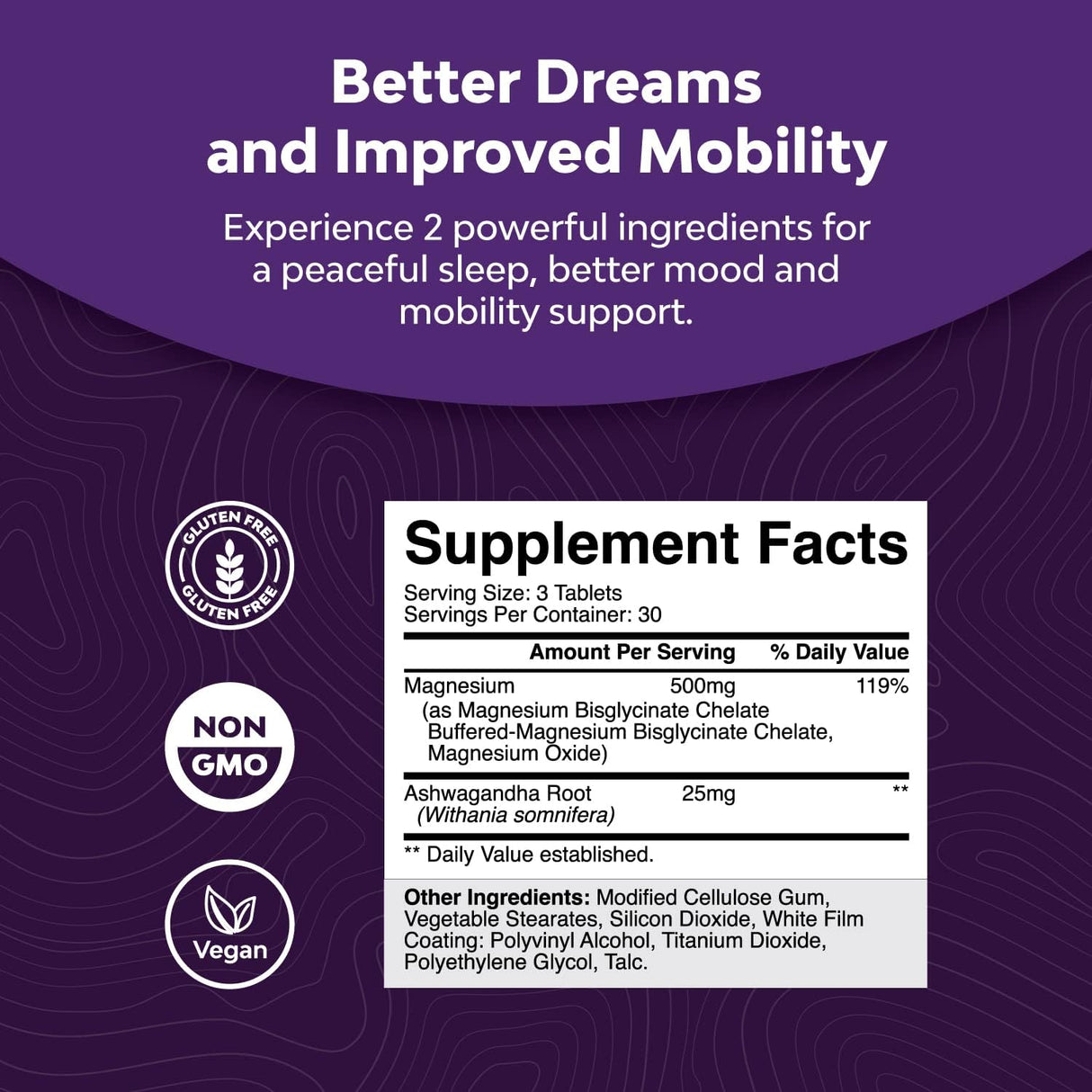 Suplemento Glicinato de magnesio 500 mg y Ashwagandha