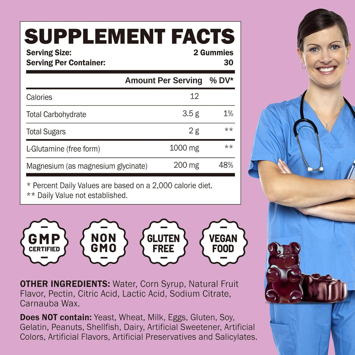 L Glutamina 1000mg Gummies - Apoyo muscular e inmunológico, Vegan, 60u