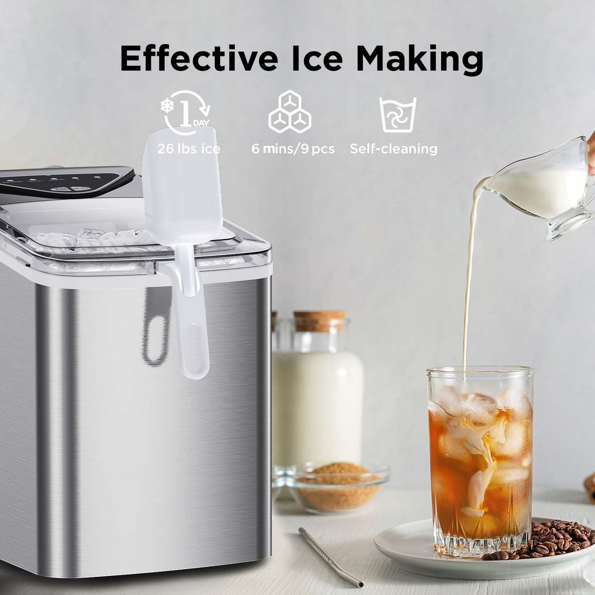 Máquina de Hielo Silonn, 9 Cubos en 6 Min, 26 Lbs en 24 Hrs