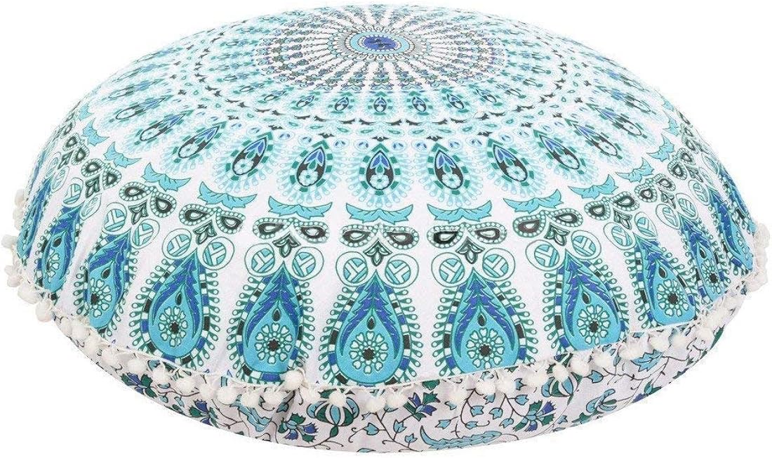 Funda bohemia para cojín, de 32 pulgadas, con diseño de mandala, para meditación, decorativa, otomana, grande, para exteriores, decoración del hogar, decoración de arte en el hogar, redonda, con pompones de algodón, cómoda