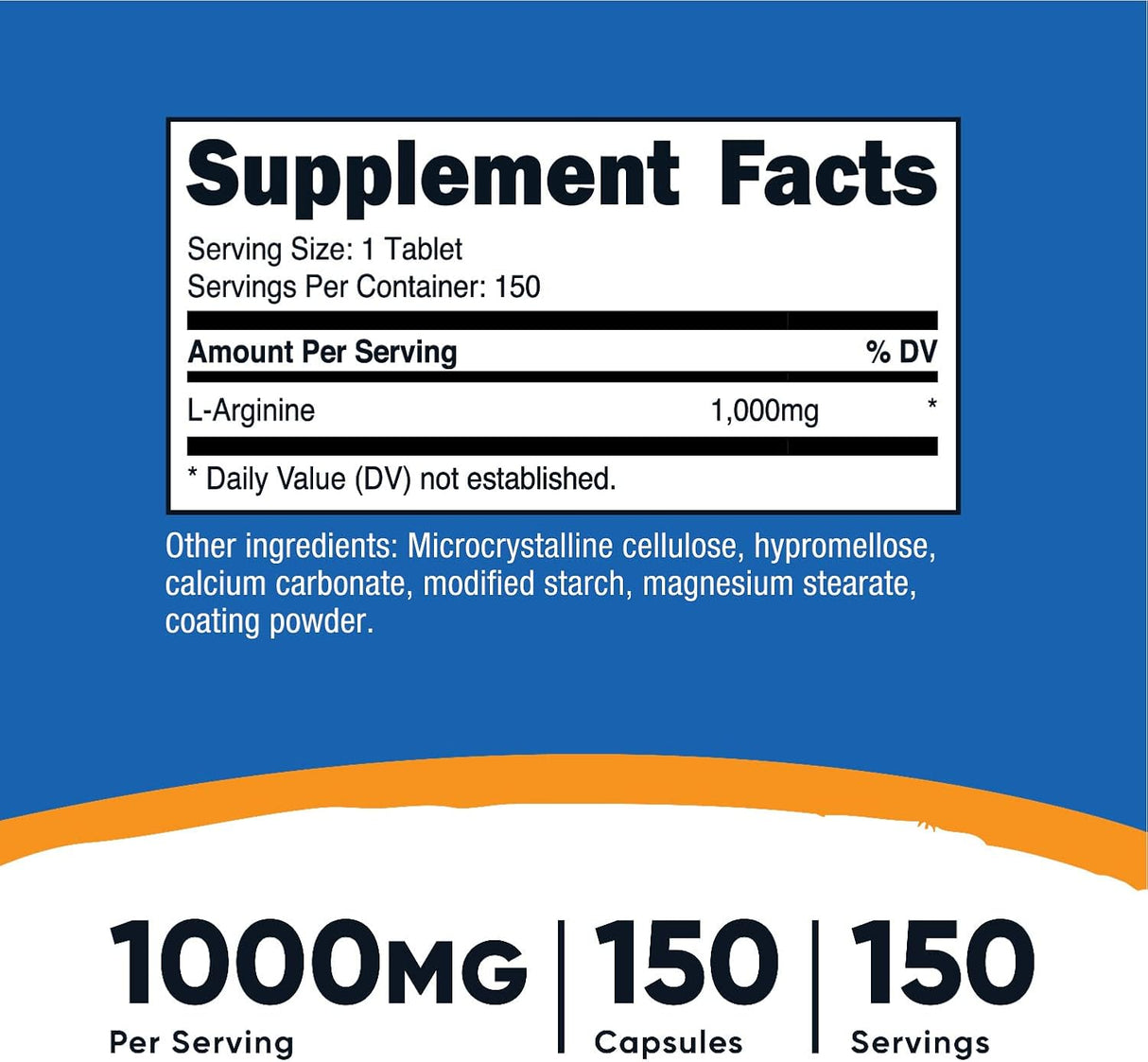 Suplemento L-arginina 1000 mg de aminoácidos 150 tabletas