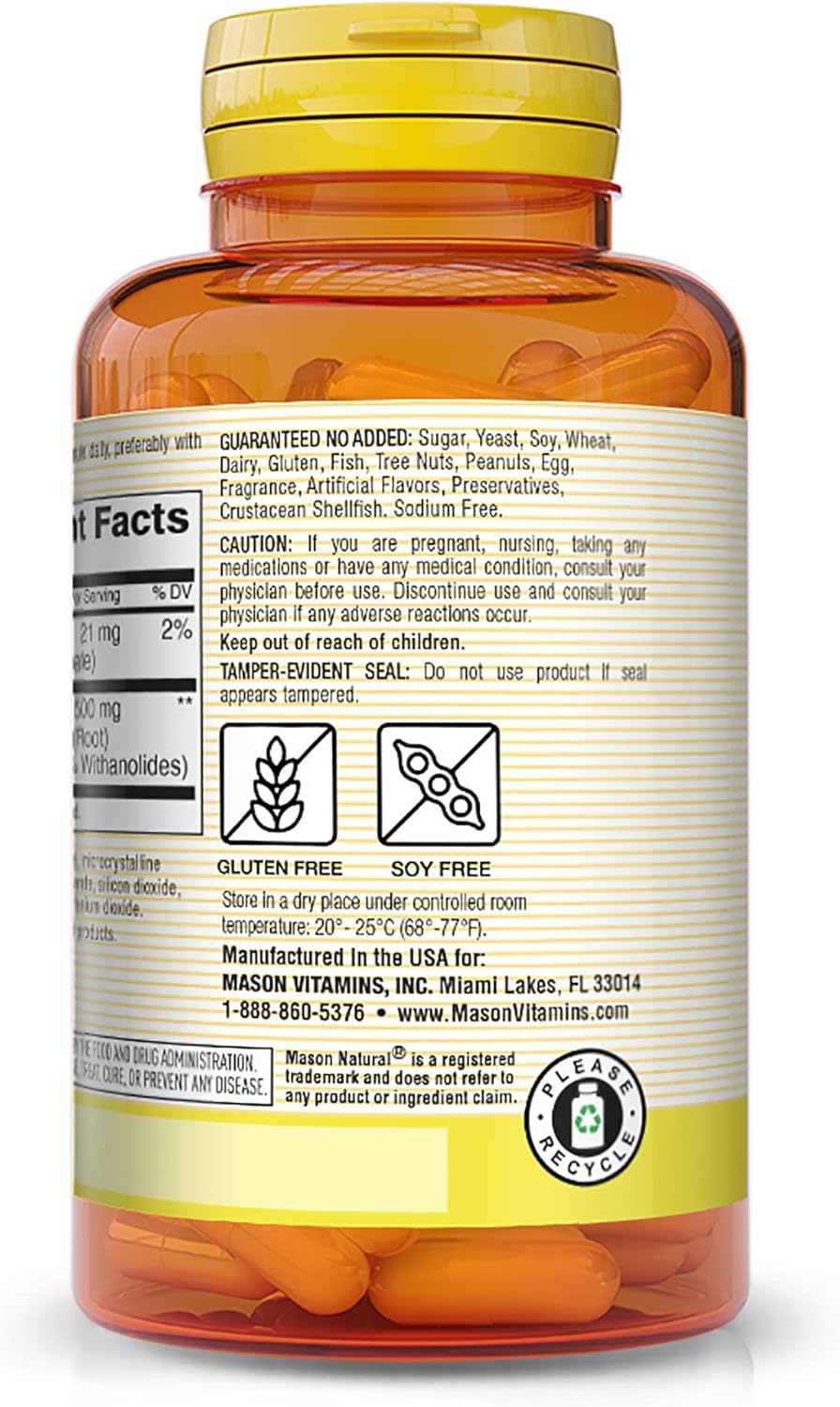 Suplemento Herbal MASON NATURAL, Ashwagandha 500 mg, 60 cápsulas