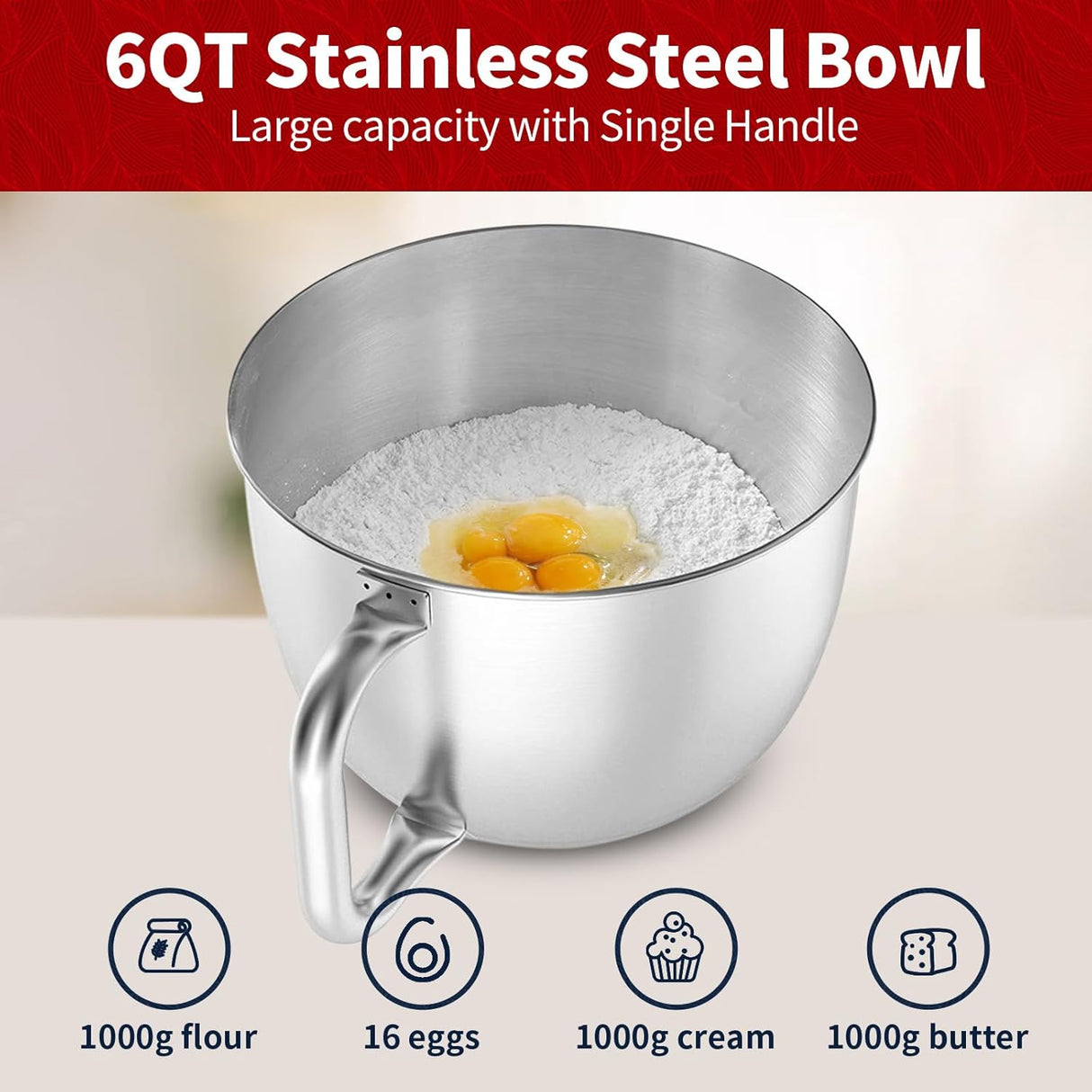 Batidora de pie 6 QT 600W, 6+P velocidades, acero inoxidable