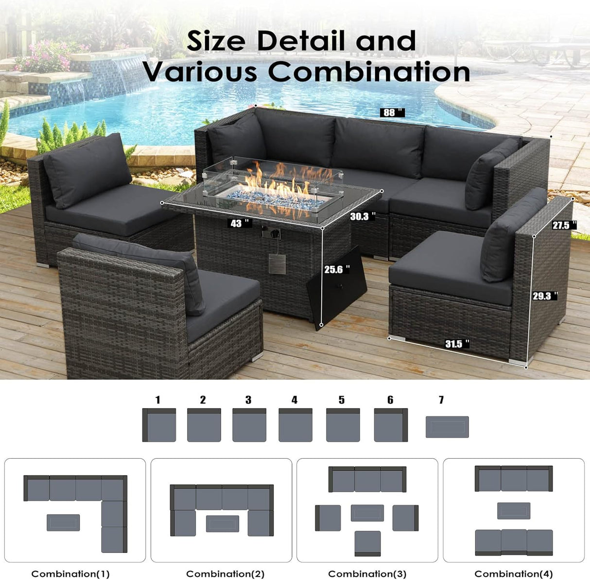 RADIATA Juego de muebles de mimbre de polietileno para patio, sofá seccional de respaldo alto, juegos de sofá de gran tamaño con mesa para fogata de propano, 55000 BTU, juegos de conversación de ratán para exteriores (7 piezas, gris oscuro)
