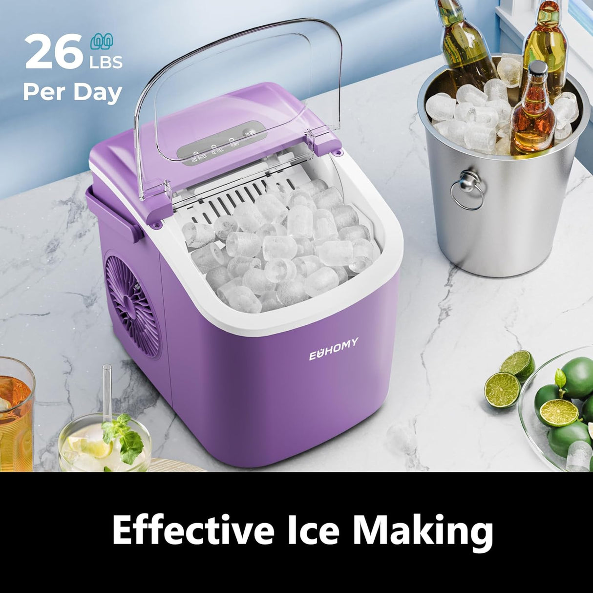 Máquina de Hielo EUHOMY 26lbs/día, 9 cubos en 6 mins, portátil