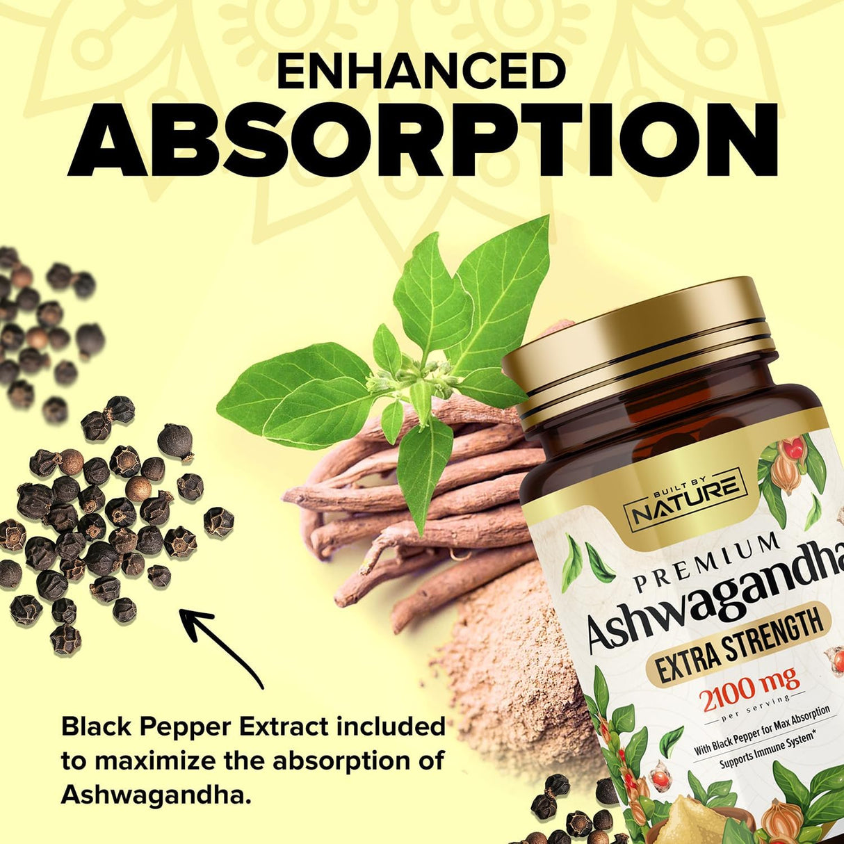Suplemento de Ashwagandha 2100mg - Built by Nature - 60 cápsulas