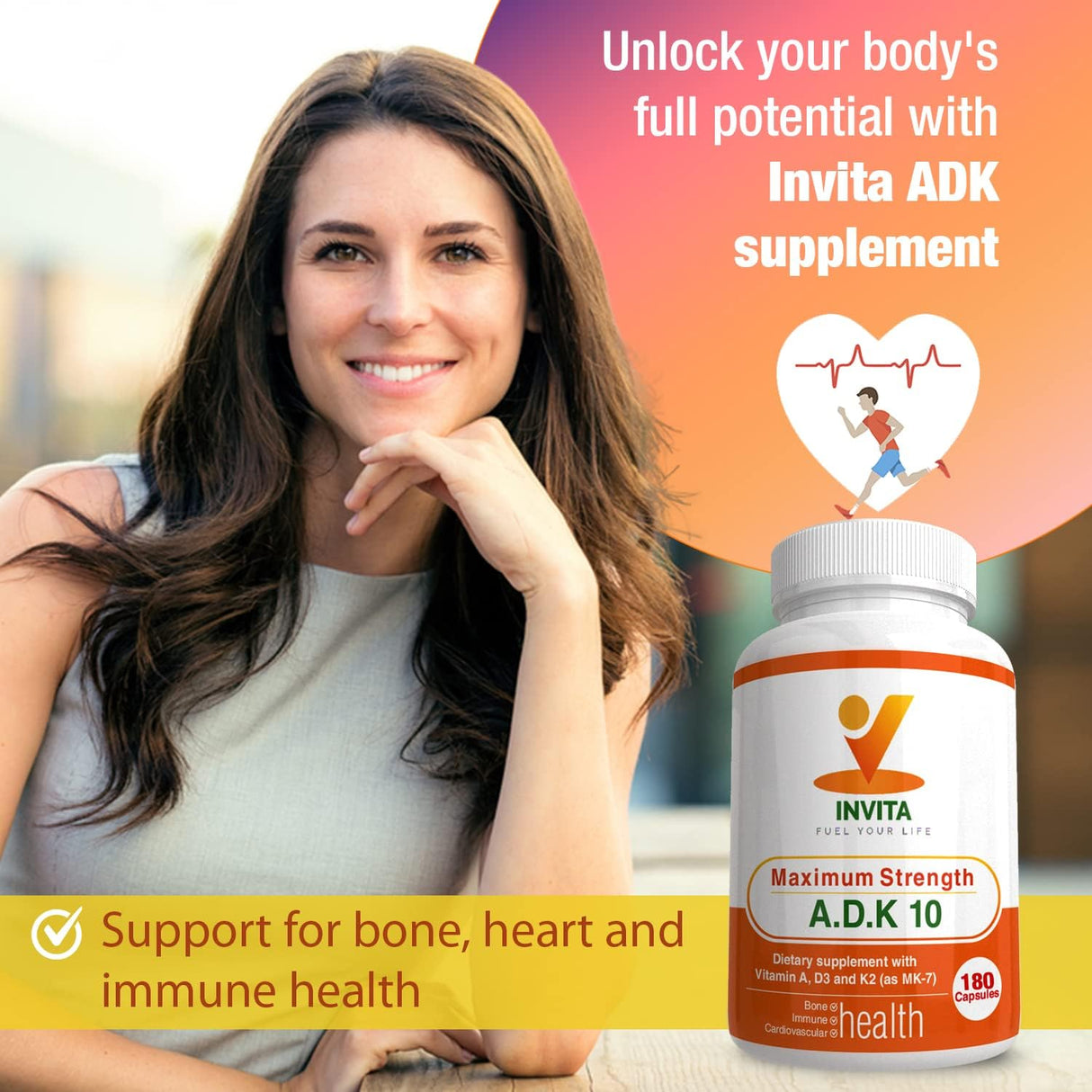 Suplemento de Vitaminas A1, D3 y K2 - INVITA ADK, 180 cápsulas