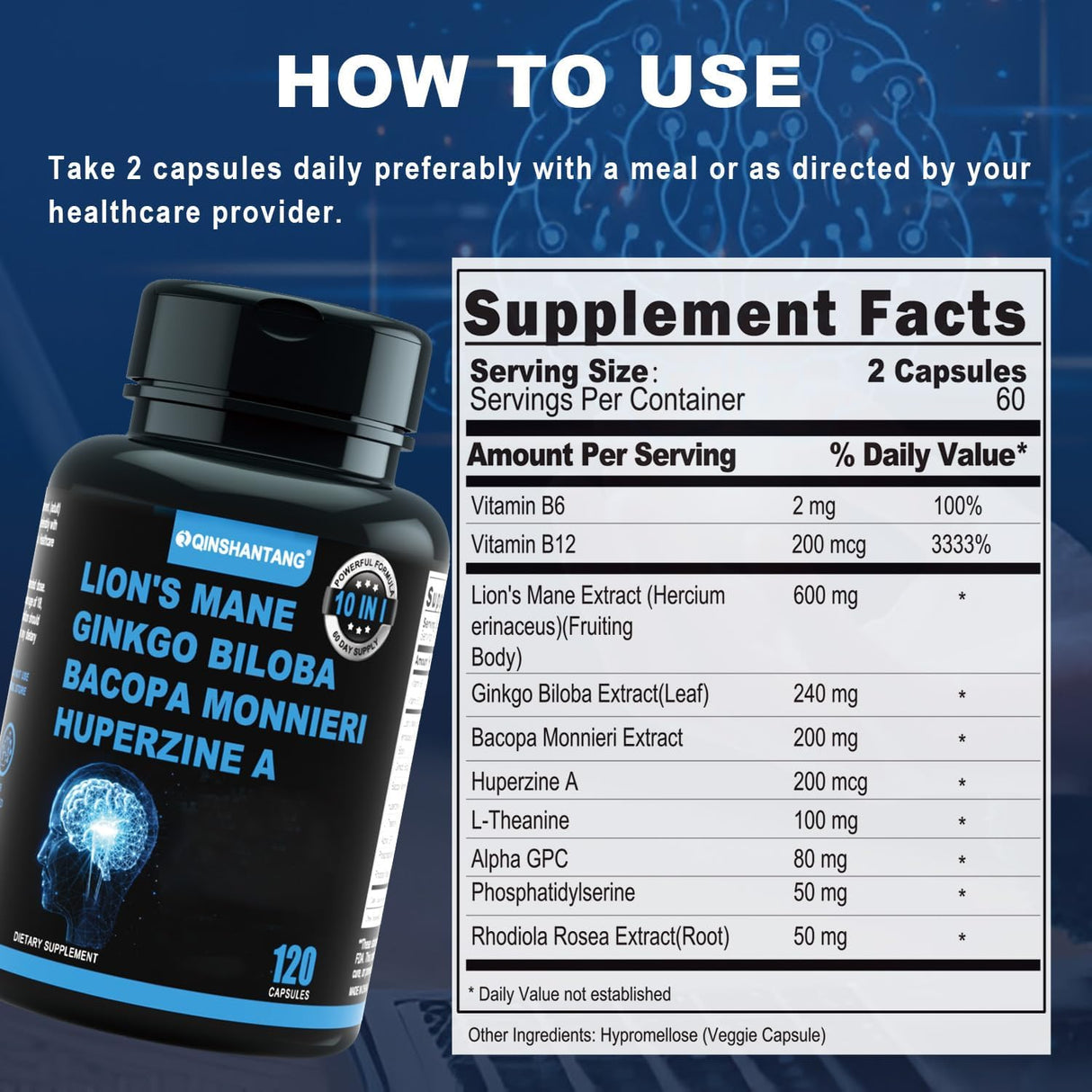 Cápsulas de Melena de León, Suplemento 10 en 1, Vegano